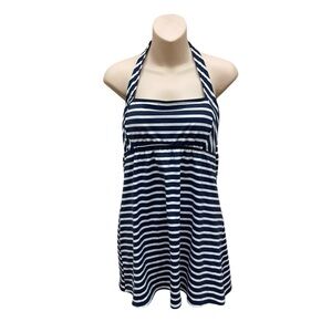 Lands’ End Navy White Striped Swim Dress Halter One Piece Size 8 Tummy Control